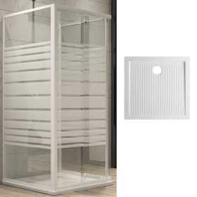 Ogomondo Box Cabina Doccia Corner 3 Lati Cristallo Temprato Serigrafato 80x80x80 + Piatto Doccia Porcellana h6,5cm