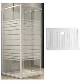 Ogomondo Box Cabina Doccia Corner 3 Lati Cristallo Temprato Serigrafato 70x120x70 Destro + Piatto Doccia Porcellana h6,5cm