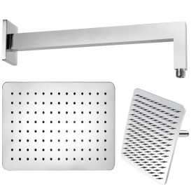 Braccio Doccia Ottone Cromato + Soffione Doccia Rettangolare Acciaio Inox 200x300x4 Mm Spessore 