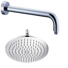 Braccio Doccia Ottone Cromato + Soffione Doccia Tondo Acciaio Inox Diam 250x4 Mm Spessore