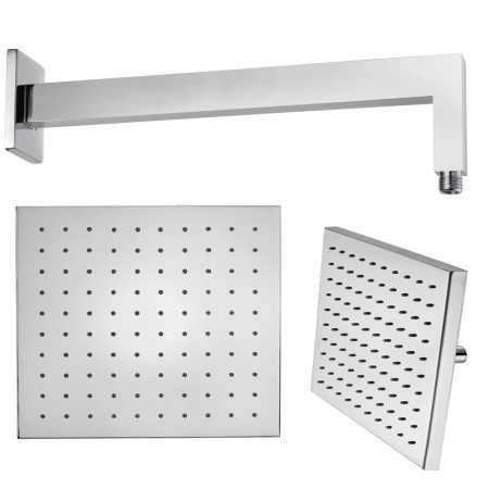 Braccio Doccia Ottone Cromato + Soffione Doccia Quadrato Ottone Cromato 400x400x8 Mm Spessore