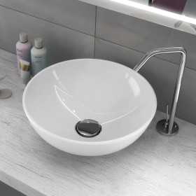 Lavabo Da Appoggio Ceramica Bianco Tondo Lavandino Bagno 41,5x41,5x13,5 Cm