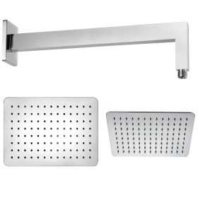 Braccio Doccia Ottone Cromato + Soffione Doccia Rettangolare Acciaio Inox 200x300x2 Mm Spessore