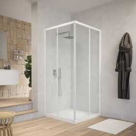 Box cabina doccia angolare con due ante scorrevoli in cristallo temprato trasparente