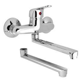 Miscelatore A Muro in Ottone Lavello Cucina con 2 Canne Erogazione Orientabile