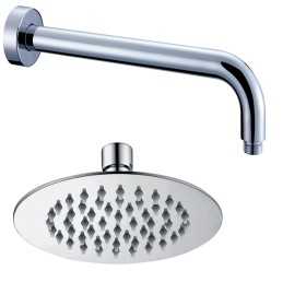 Braccio Doccia Ottone Cromato + Soffione Doccia Tondo Acciaio Inox Diam 150x2 Mm Spessore 
