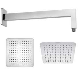 Braccio Doccia Ottone Cromato + Soffione Doccia Quadrato Acciaio Inox 400x400x2 Mm Spessore