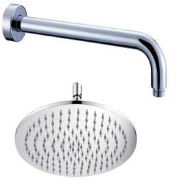 Braccio Doccia Ottone Cromato + Soffione Doccia Tondo Acciaio Inox Diam 200x4 Mm Spessore