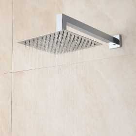 Braccio Doccia Ottone Cromato + Soffione Doccia Quadrato Ottone Cromato 300x300x8 Mm Spessore 