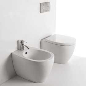 Sanitari in Ceramica A Pavimento Filo Parete Vaso WC + Bidet + Sedile Made in Italy