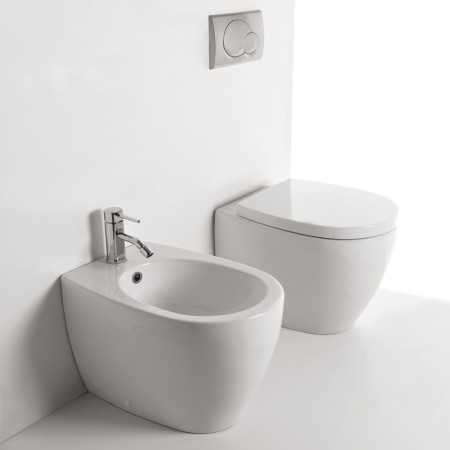 Sanitari in Ceramica A Pavimento Filo Parete Vaso WC + Bidet + Sedile Made in Italy