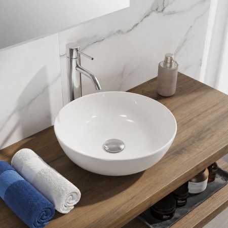 Lavabo Da Appoggio Tondo In Ceramica Bianca Elegante per Mobili Bagno e Mensole Bagno
